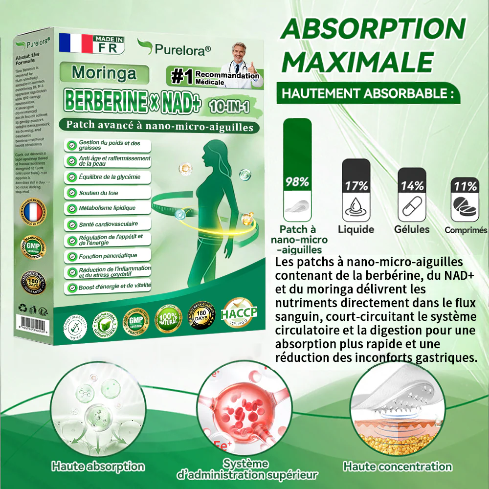 ⏰ Coup de cœur – temps limité丨Purelora® Moringa Berbérine x NAD+ Patch Nano-Microneedle 10-en-1 Une application par jour, changements visibles dès 7 jours. Pour accompagner la gestion du poids et le bien-être global - Image 15