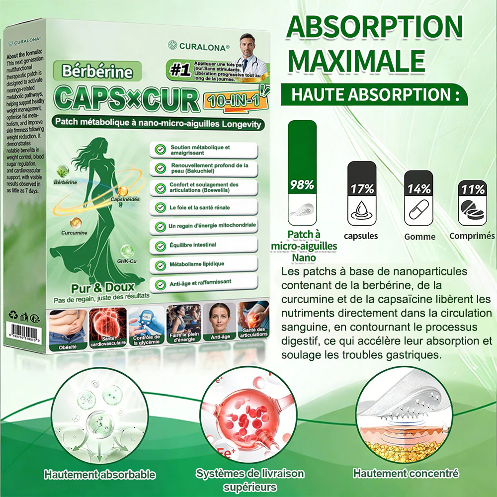 🔥 Nouveauté | Curalona® Patch Microneedle 10-en-1 – Berbérine & NAD+ pour le métabolisme, Bakuchiol pour la peau, Boswellia pour les articulations – Patch jour & nuit – 7 patchs – Résultats visibles en 7 jours - Image 5