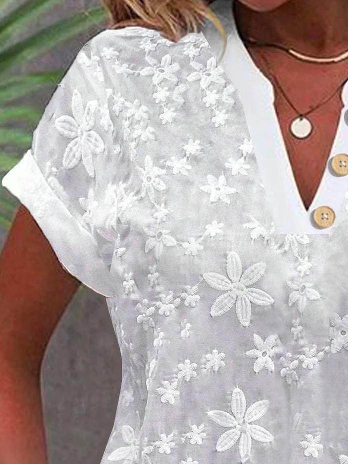 V Neck Embroidery Simple Cotton Plain Loose Blouse - Image 3