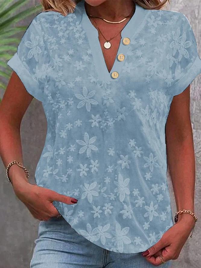 V Neck Embroidery Simple Cotton Plain Loose Blouse - Image 4