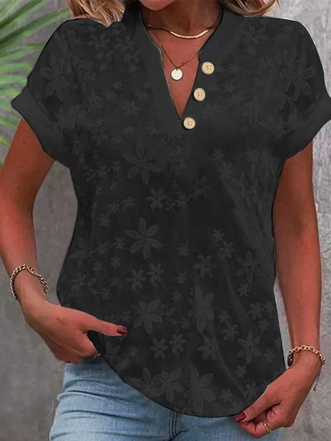V Neck Embroidery Simple Cotton Plain Loose Blouse - Image 5