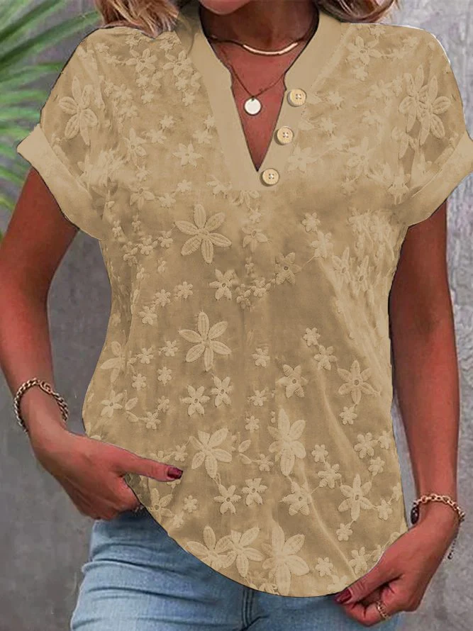 V Neck Embroidery Simple Cotton Plain Loose Blouse - Image 6