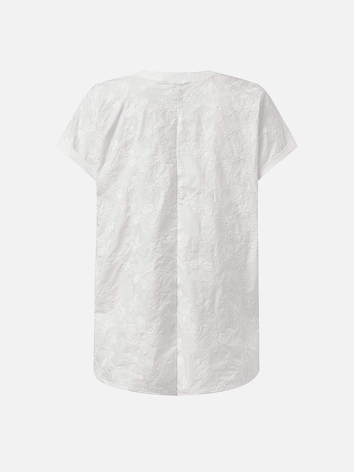 V Neck Embroidery Simple Cotton Plain Loose Blouse - Image 7
