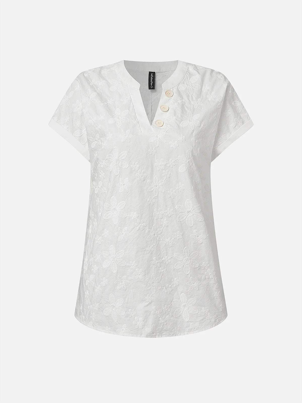 V Neck Embroidery Simple Cotton Plain Loose Blouse - Image 8